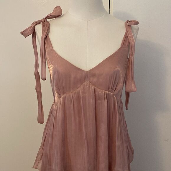 Lush Blush Pink Tie Strap Shimmer Tiered Midi Dress Size Medium - Picture 4 of 14